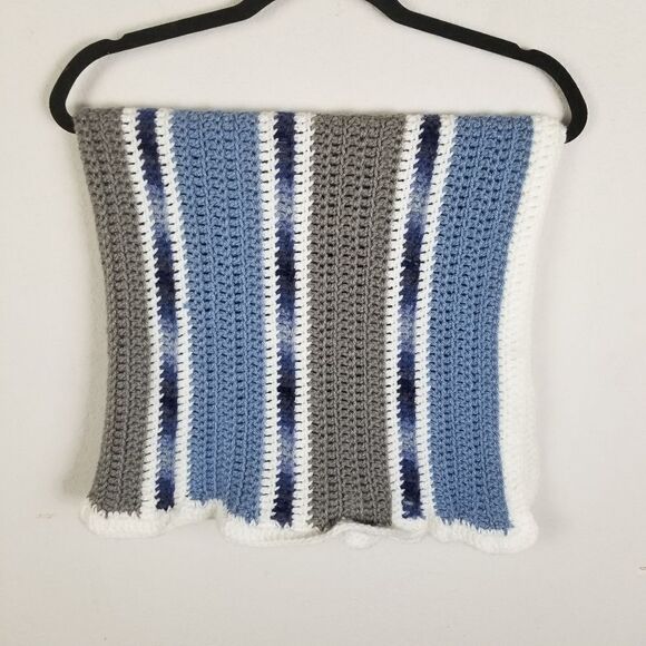 Handmade Crochet Blue,  Gray and‎ White  Baby Blanket - Picture 1 of 6